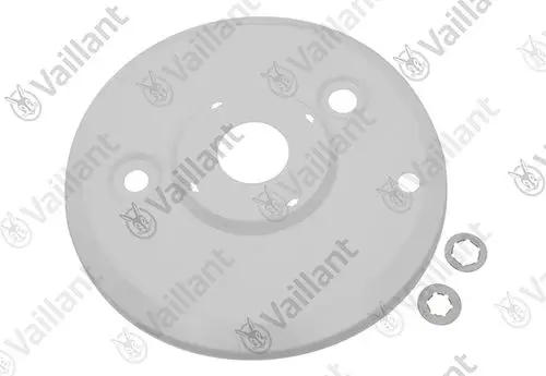 Weißer runder Deckel von Vaillant mit einem zentralen Loch und zwei seitlichen Bohrungen für die Montage.